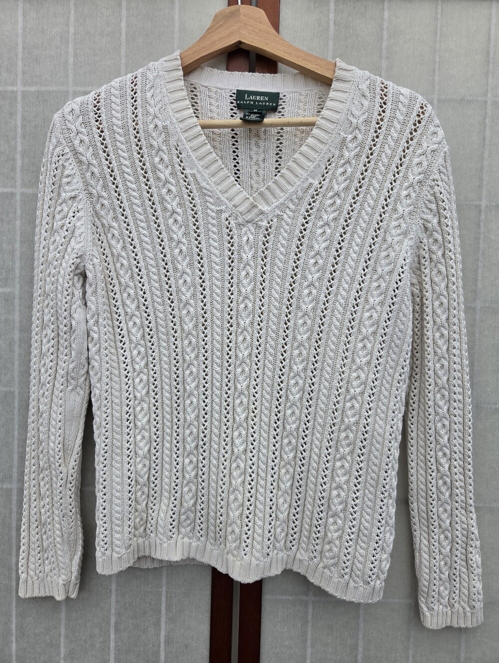 Lauren R.L. Cream Cable Knit V Neck Sweater Vanilla Girl Preppy Light Academia M